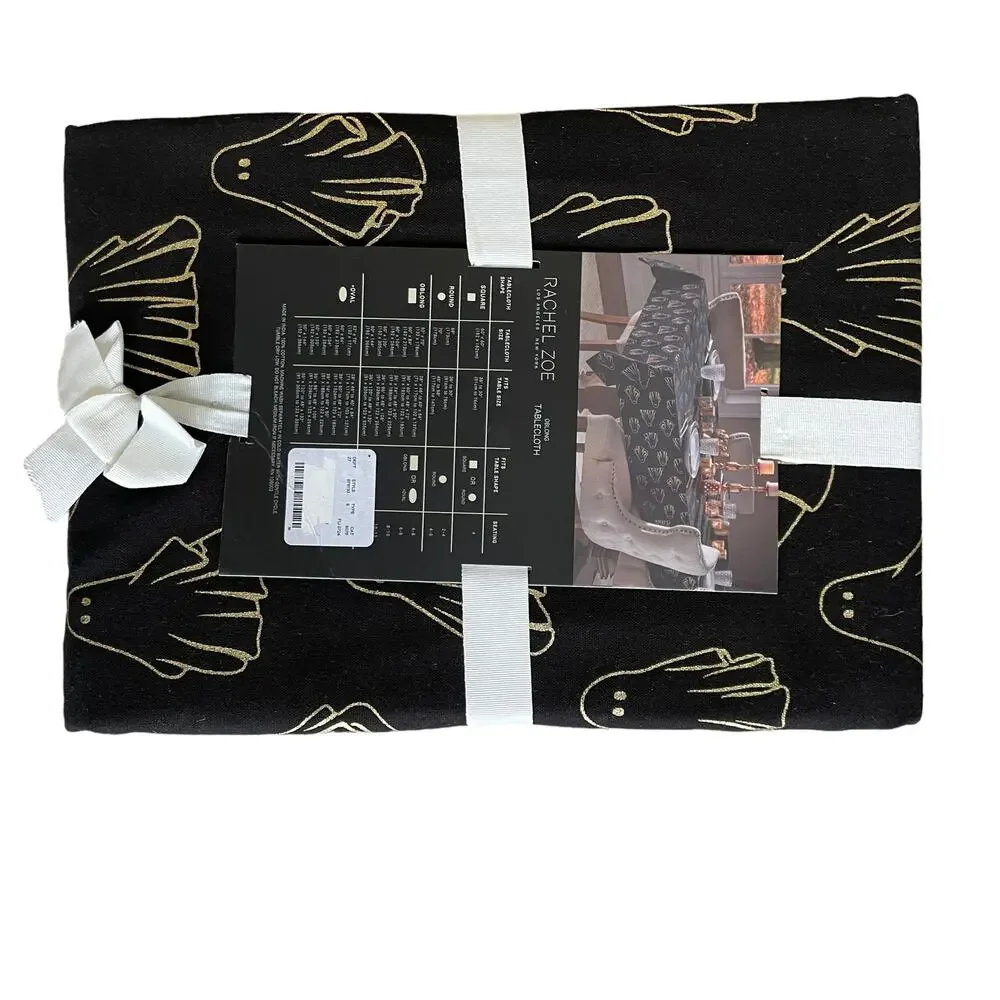 Rachel Zoe HALLOWEEN GHOST Tablecloth 60x120 Oblong Cotton Black & Gold NEW